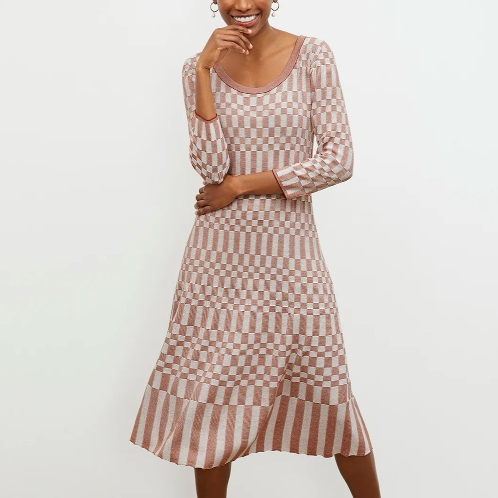 M.M. Lafleur Tippy Dress XL Checkered Knit red clay beige Midi ScoopNeck 3/4 slv